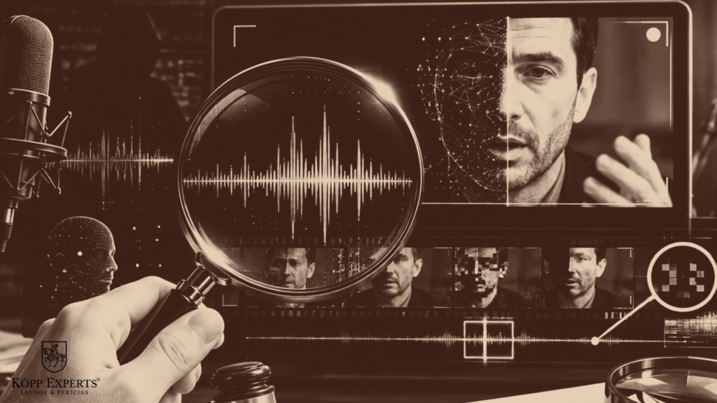 Perícia em inteligência artificial analisando áudio e vídeo manipulado como prova judicial
