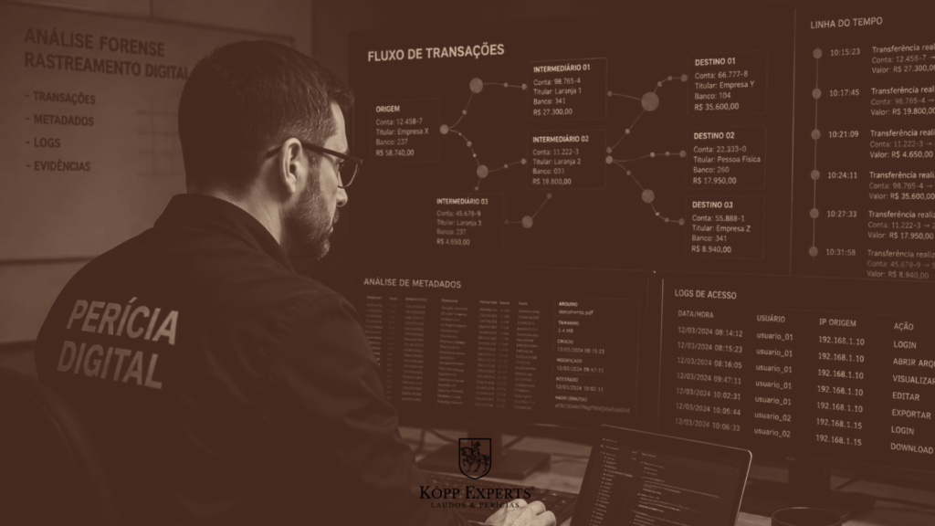 Perícia digital rastreando transações suspeitas em crimes financeiros para produzir laudo judicial
