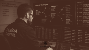 Perícia digital rastreando transações suspeitas em crimes financeiros para produzir laudo judicial